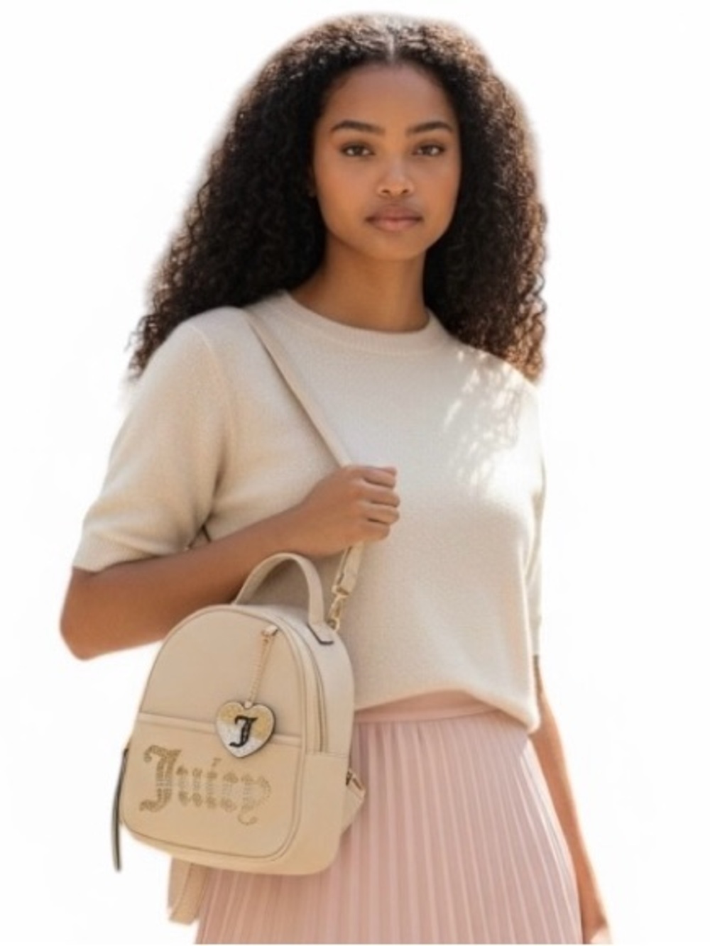Juicy Couture Beige Mini Backpack with Rhinestone Logo and Heart Charm